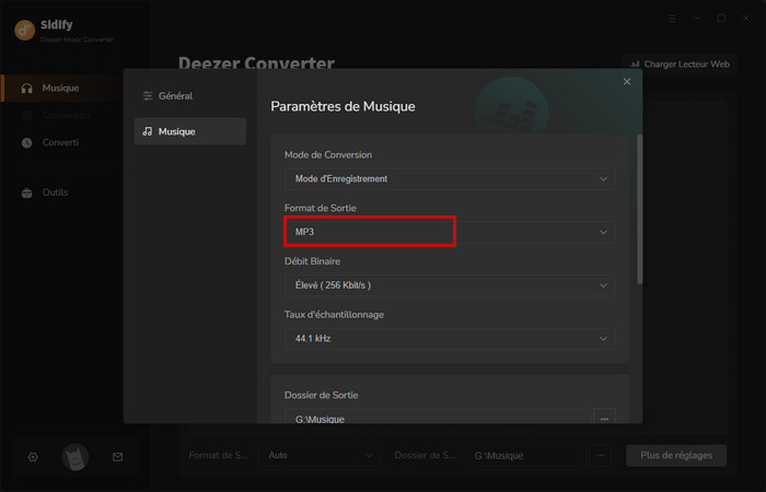 Ajustez les options de sortie du podcast Deezer en MP3