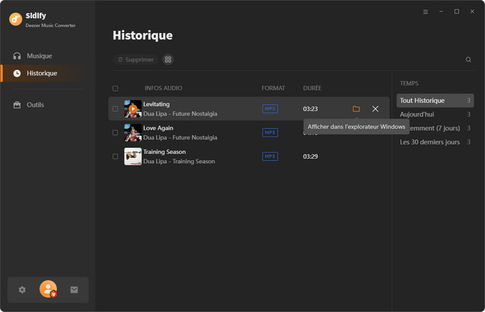 Historique des musiques Deezer téléchargées
