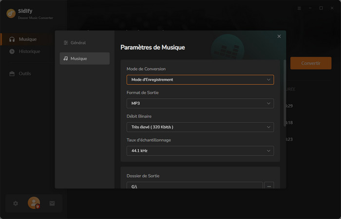Paramètres de Sidify Deezer Music Converter