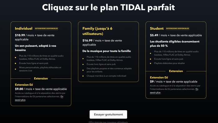 Forfait d'Abonnement pour Tidal