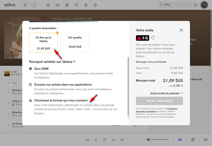 Télécharger un album acheté ou un single acheté sur Qobuz