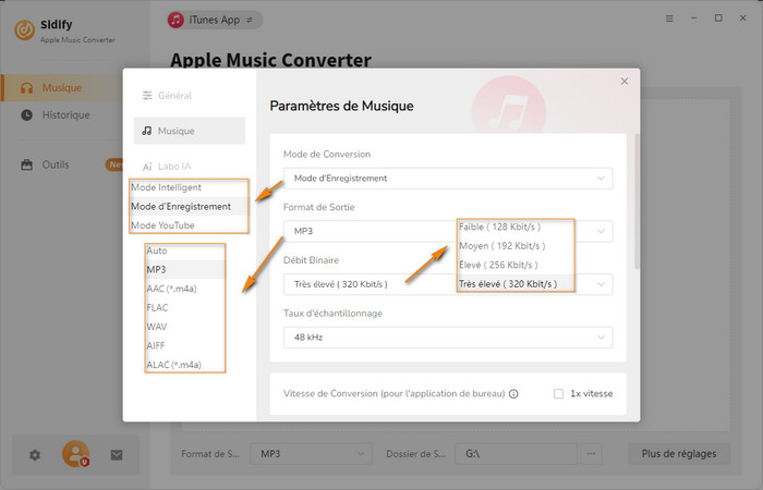 Paramètres de conversion