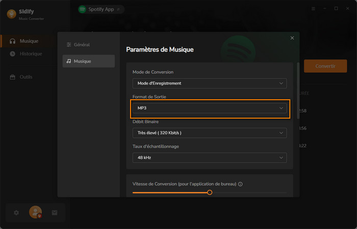 Choisissez MP3 comme format de sortie